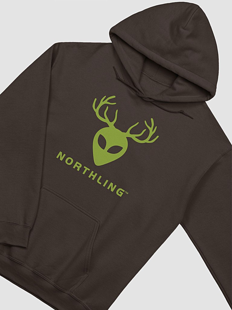 Chocolate color hoodie with green logo for the Northling, an outdoor clothing brand originated in 2012 and fully launched in 2020.