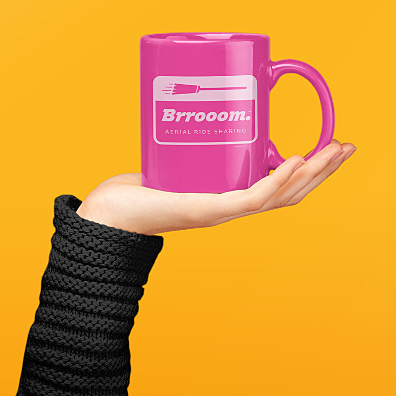 Halloween witch coffee mug Brrooom Aerial Ride Sharing design.